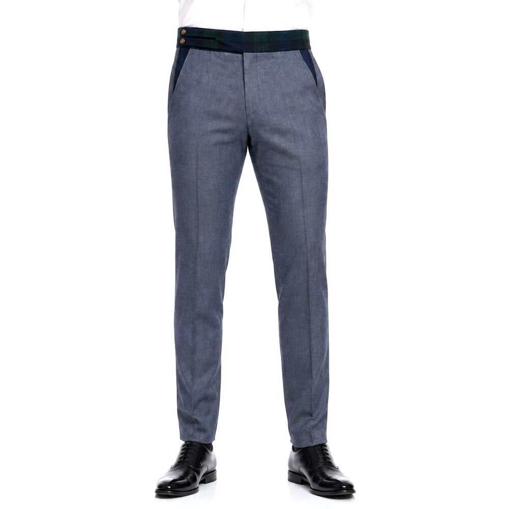 Mens 32 Gurkha Pants Blue Denim Twill Slim Flat Front Tartan Waist Dress Pants